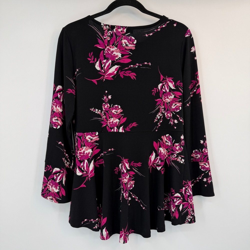 Susan Graver Black Pink Floral Liquid Knit Peplum Back Tunic Top Small Feminine - Picture 7 of 10